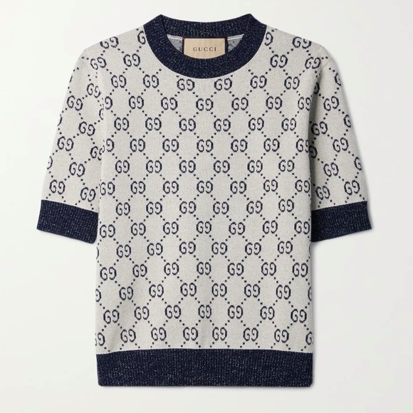 New Gucci 2025 GG monogram metallic Ivory and blue GG lamé jacquard knit top M - Picture 8 of 8